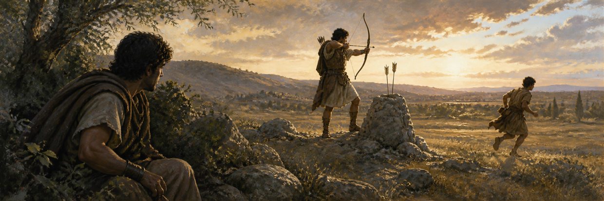Jonathan shooting warning arrows while David watches from concealment
